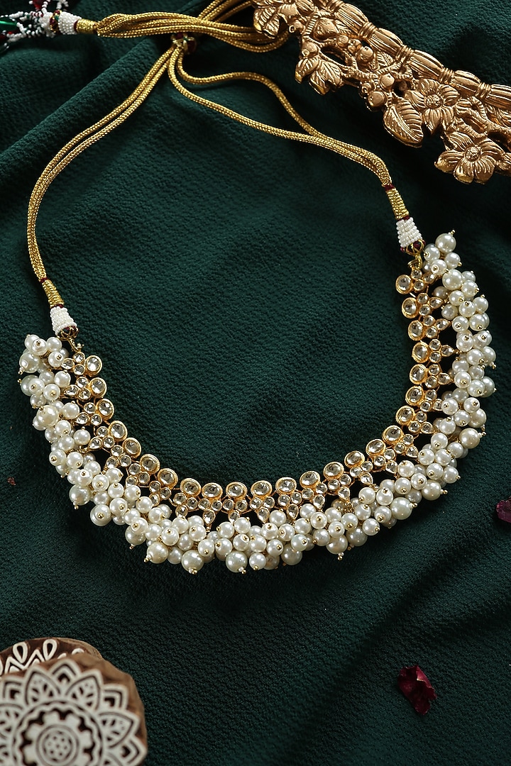 Gold Plated Kundan Polki & Pearl Necklace by Paisley Pop at Pernia's Pop Up Shop