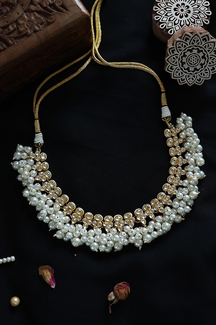 Gold Plated Kundan Polki & Pearl Necklace by Paisley Pop at Pernia's Pop Up Shop