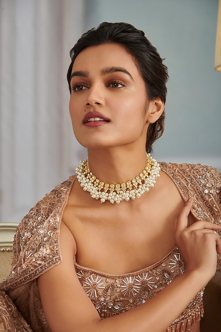 Gold Plated Kundan Polki & Pearl Necklace by Paisley Pop at Pernia's Pop Up Shop