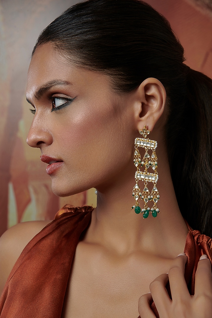 Gold Plated Kundan Polki & Green Natural Stone Dangler Earrings by Paisley Pop at Pernia's Pop Up Shop