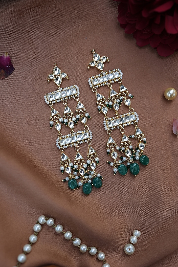 Gold Plated Kundan Polki & Green Natural Stone Dangler Earrings by Paisley Pop at Pernia's Pop Up Shop