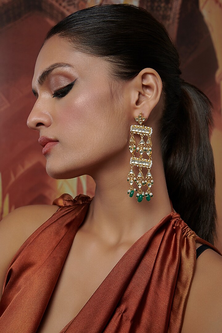 Gold Plated Kundan Polki & Green Natural Stone Dangler Earrings by Paisley Pop at Pernia's Pop Up Shop