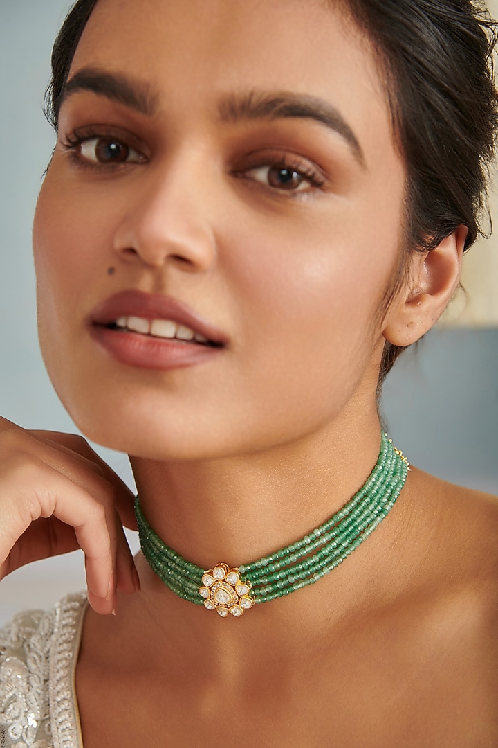 Gold Plated Kundan Polki & Green Onyx Stone Choker Necklace by Paisley Pop at Pernia's Pop Up Shop
