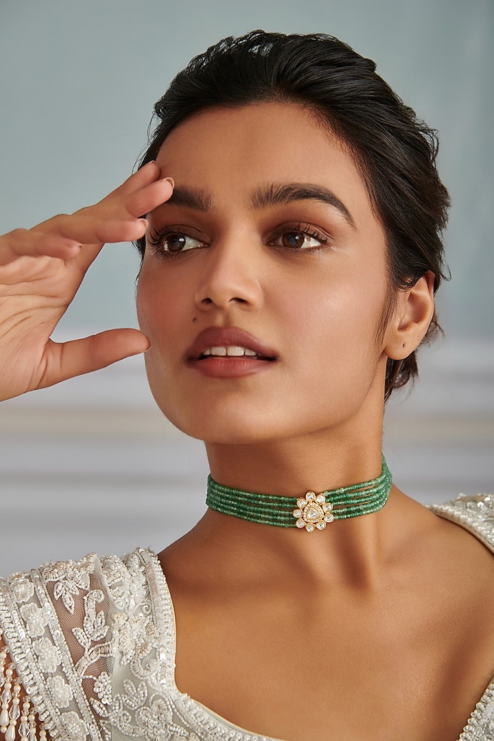 Gold Plated Kundan Polki & Green Onyx Stone Choker Necklace by Paisley Pop at Pernia's Pop Up Shop