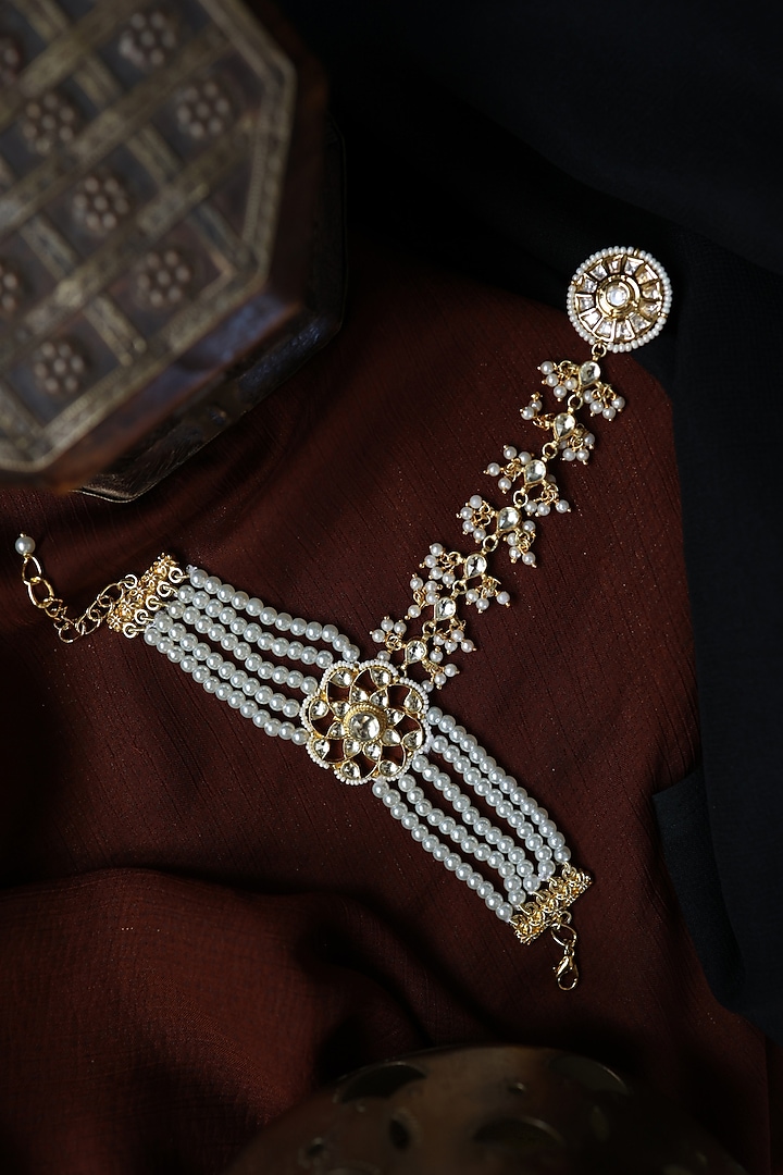 Gold Plated Kundan Polki & Pearl Hathphool by Paisley Pop at Pernia's Pop Up Shop