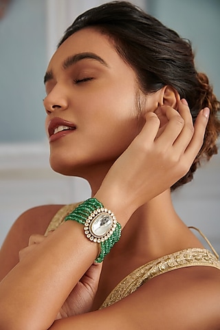 Gold Plated Kundan Polki & Green Onyx Bracelet by Paisley Pop