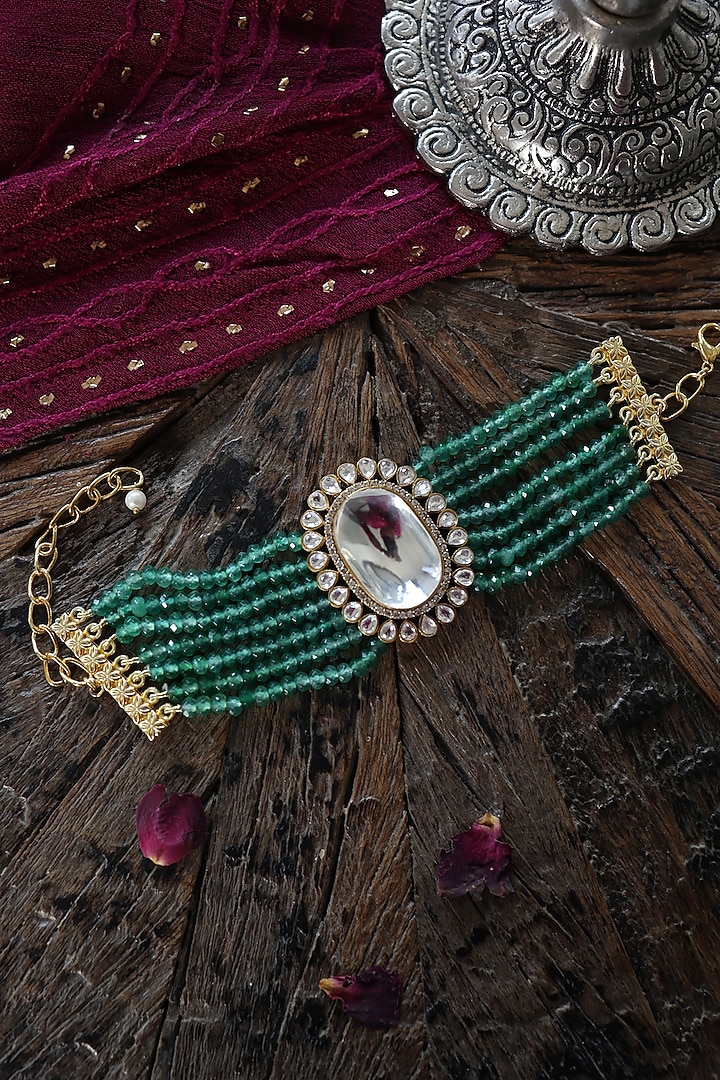 Gold Plated Kundan Polki & Green Onyx Bracelet by Paisley Pop at Pernia's Pop Up Shop