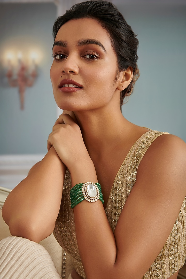 Gold Plated Kundan Polki & Green Onyx Bracelet by Paisley Pop at Pernia's Pop Up Shop