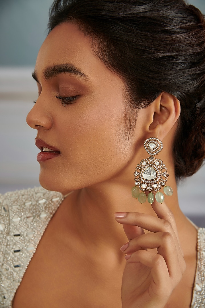 Gold Plated Kundan Polki & Cubic Zirconia Dangler Earrings by Paisley Pop at Pernia's Pop Up Shop