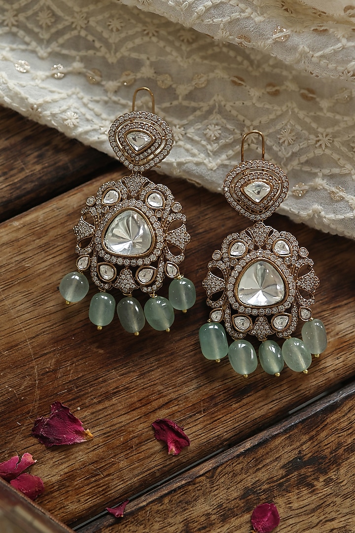 Gold Plated Kundan Polki & Cubic Zirconia Dangler Earrings by Paisley Pop at Pernia's Pop Up Shop