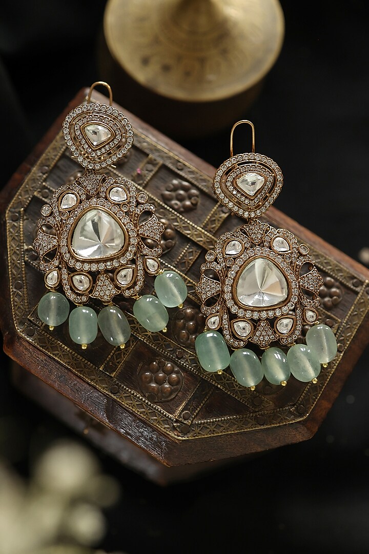 Gold Plated Kundan Polki & Cubic Zirconia Dangler Earrings by Paisley Pop at Pernia's Pop Up Shop