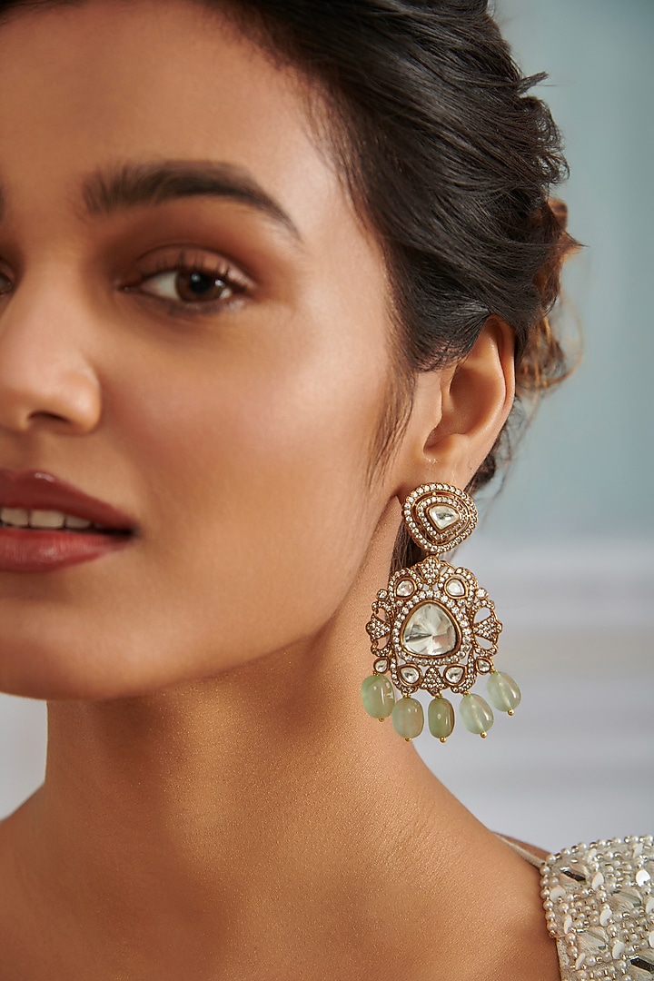 Gold Plated Kundan Polki & Cubic Zirconia Dangler Earrings by Paisley Pop at Pernia's Pop Up Shop