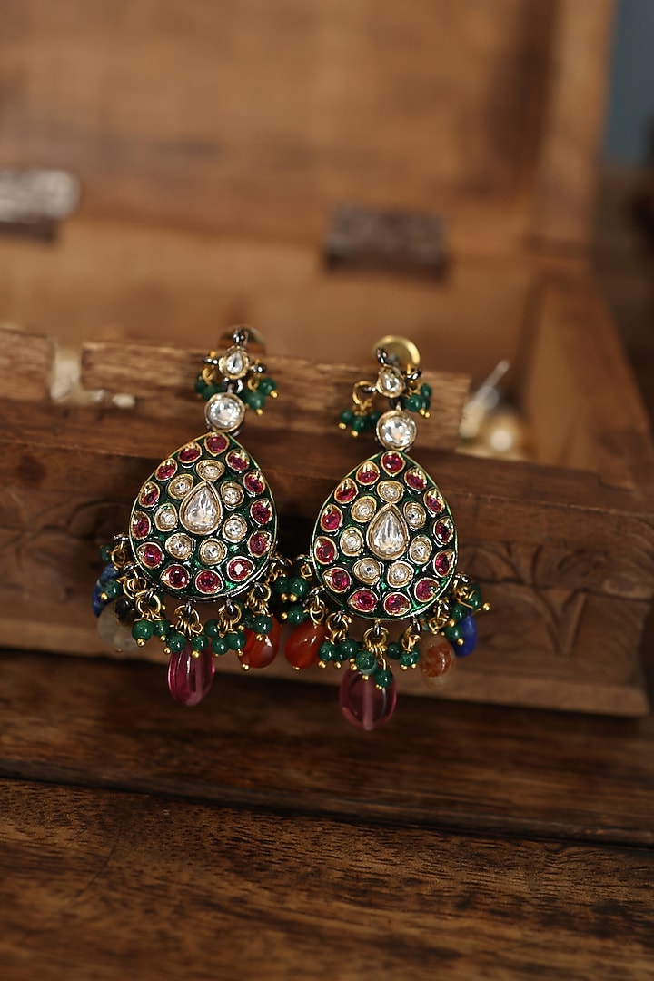 Gold Plated Kundan Polki & Multi-Colored Natural Stone Dangler Earrings by Paisley Pop at Pernia's Pop Up Shop