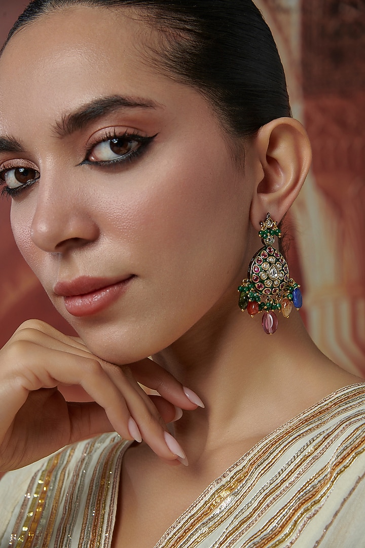 Gold Plated Kundan Polki & Multi-Colored Natural Stone Dangler Earrings by Paisley Pop at Pernia's Pop Up Shop