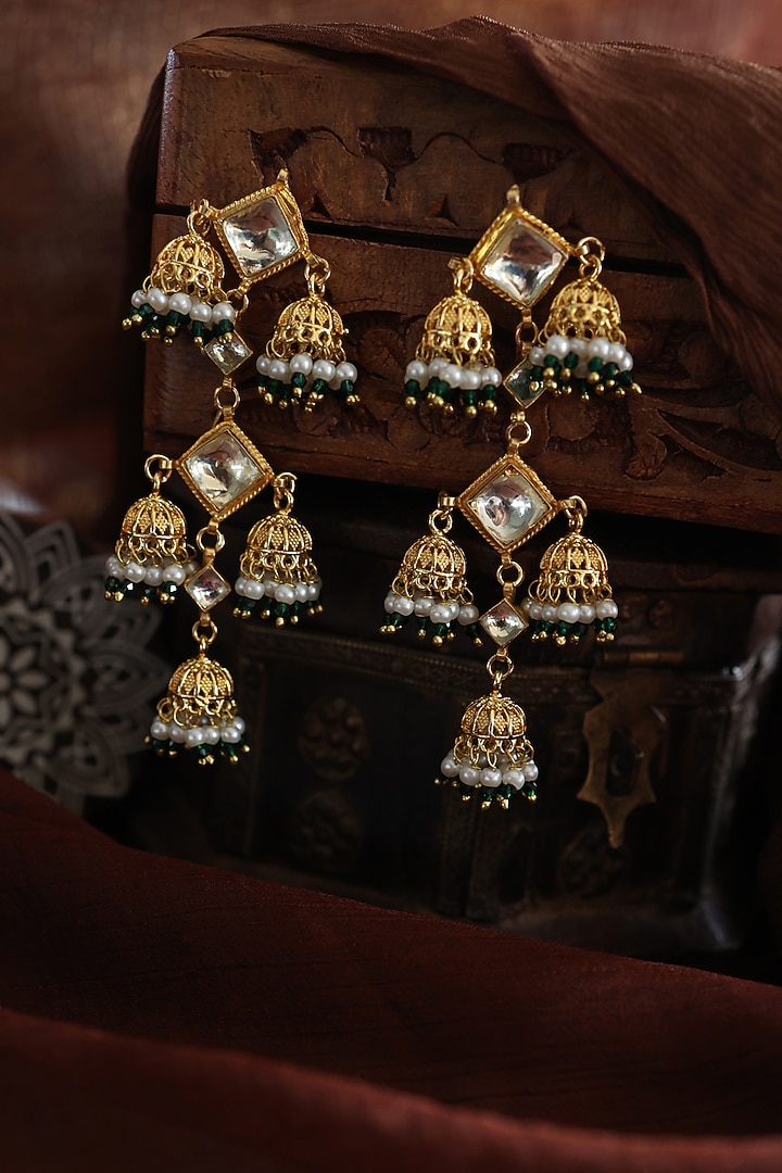 Gold Plated Kundan Polki & Green Onyx Jhumka Earrings by Paisley Pop at Pernia's Pop Up Shop