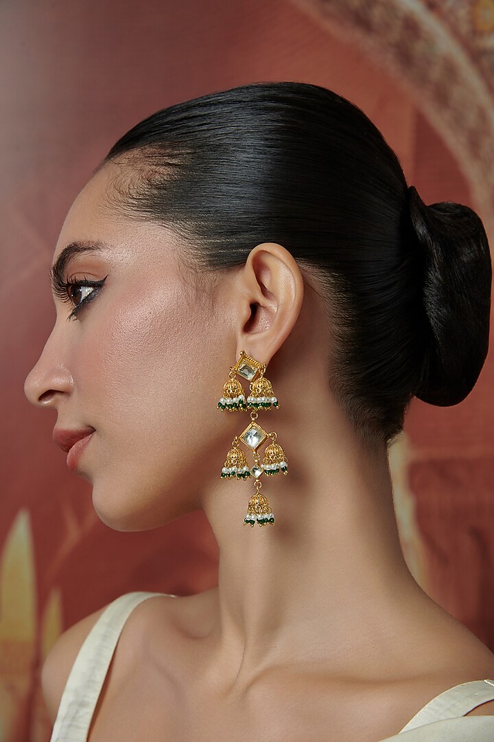 Gold Plated Kundan Polki & Green Onyx Jhumka Earrings by Paisley Pop at Pernia's Pop Up Shop
