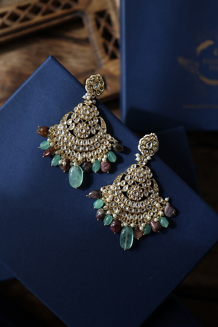 Gold Plated Kundan Polki & Multi-Colored Natural Stone Dangler Earrings by Paisley Pop at Pernia's Pop Up Shop