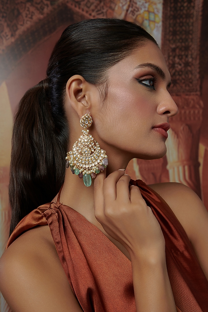 Gold Plated Kundan Polki & Multi-Colored Natural Stone Dangler Earrings by Paisley Pop at Pernia's Pop Up Shop