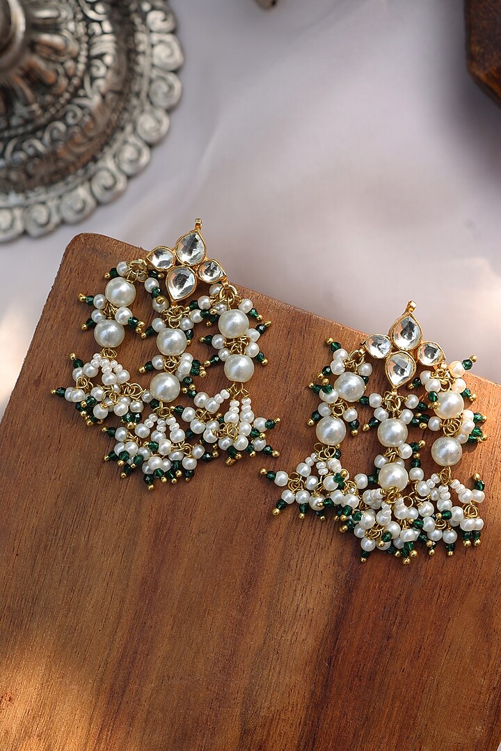 Gold Plated Kundan Polki & Green Hydro Stone Dangler Earrings by Paisley Pop at Pernia's Pop Up Shop