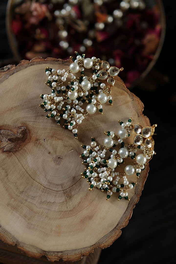 Gold Plated Kundan Polki & Green Hydro Stone Dangler Earrings by Paisley Pop at Pernia's Pop Up Shop