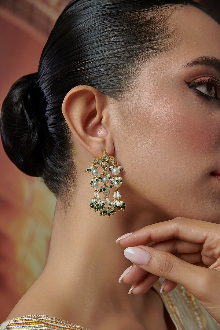 Gold Plated Kundan Polki & Green Hydro Stone Dangler Earrings by Paisley Pop at Pernia's Pop Up Shop