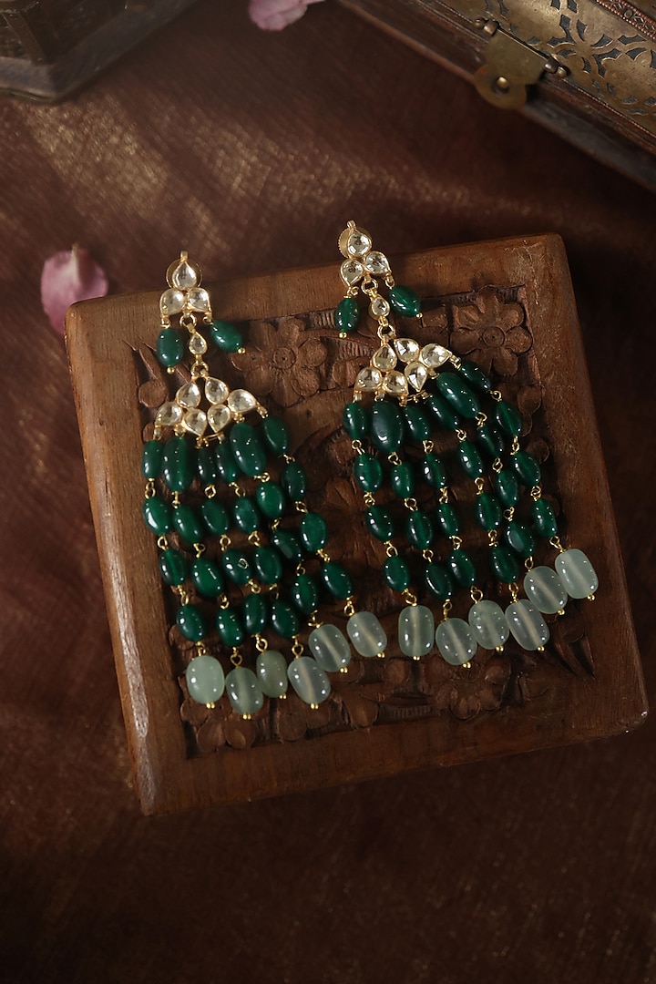 Gold Plated Kundan Polki & Jade Stone Dangler Earrings by Paisley Pop at Pernia's Pop Up Shop