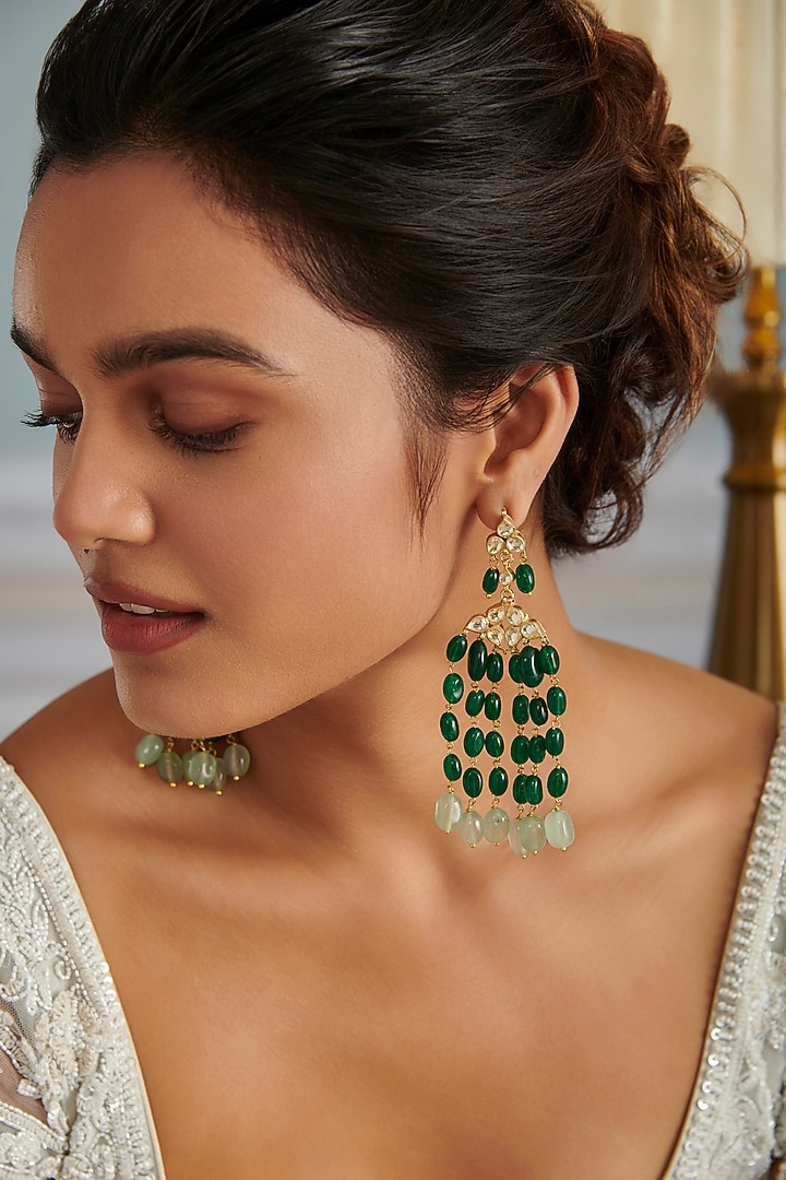 Gold Plated Kundan Polki & Jade Stone Dangler Earrings by Paisley Pop at Pernia's Pop Up Shop