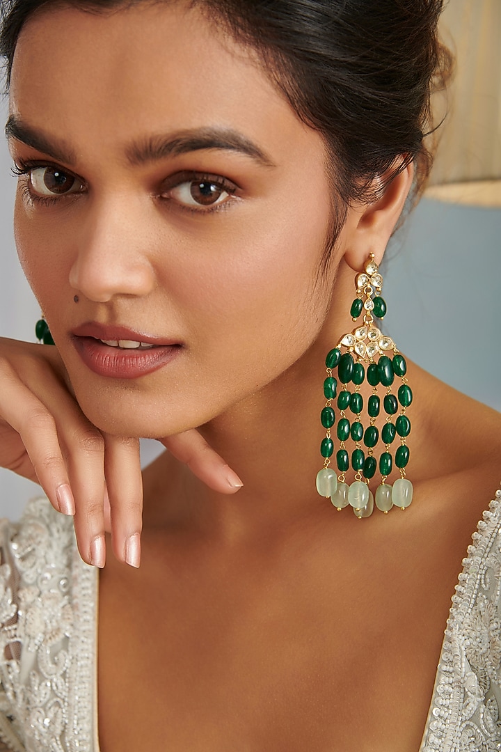 Gold Plated Kundan Polki & Jade Stone Dangler Earrings by Paisley Pop at Pernia's Pop Up Shop