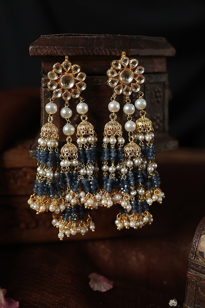 Gold Plated Kundan Polki & Blue Onyx Stone Jhumka Earrings by Paisley Pop at Pernia's Pop Up Shop