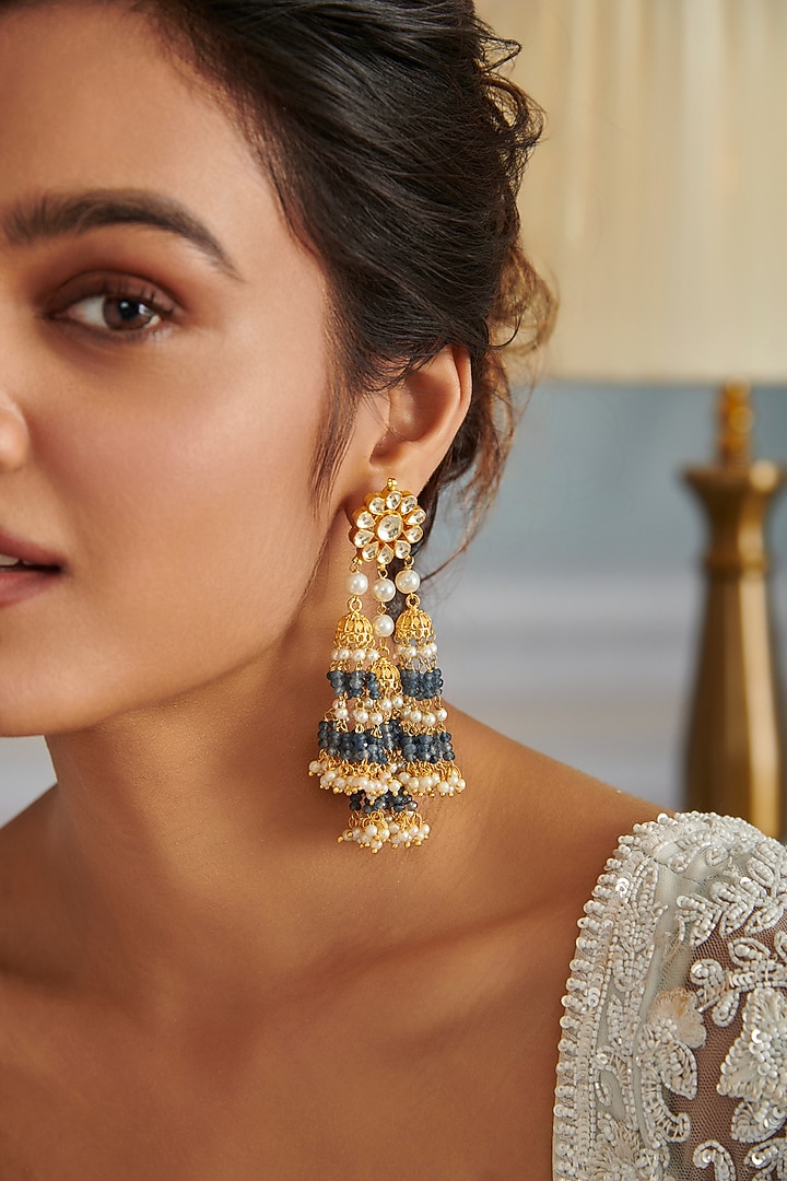 Gold Plated Kundan Polki & Blue Onyx Stone Jhumka Earrings by Paisley Pop at Pernia's Pop Up Shop