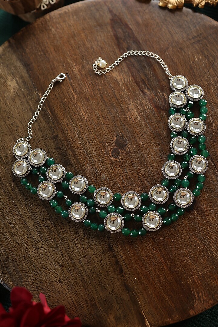 Black Rhodium Finish Kundan Polki & Jade Green Onyx Necklace by Paisley Pop at Pernia's Pop Up Shop