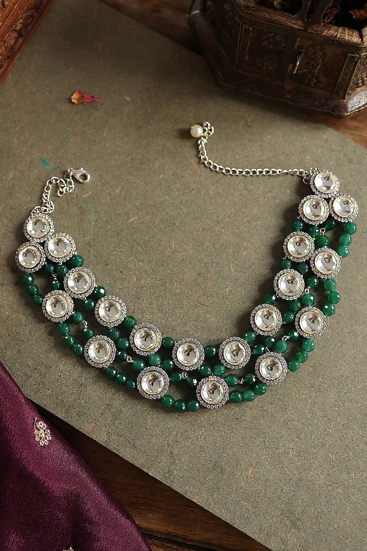 Black Rhodium Finish Kundan Polki & Jade Green Onyx Necklace by Paisley Pop at Pernia's Pop Up Shop