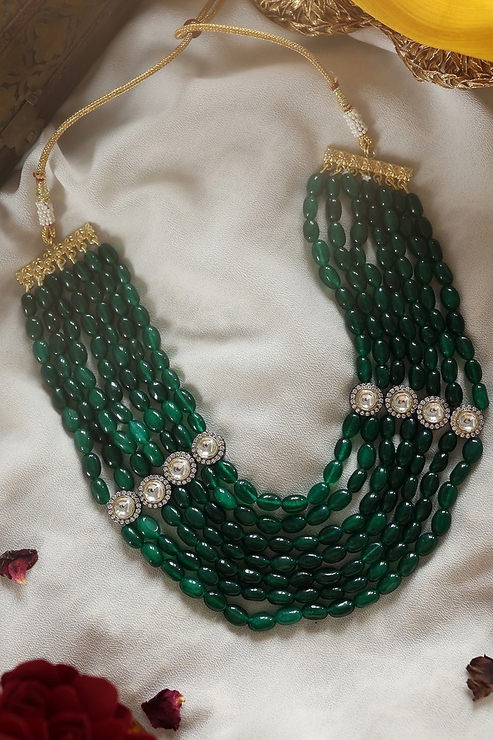 Gold Plated Kundan Polki & Deep Green Jade Stone Layered Necklace by Paisley Pop at Pernia's Pop Up Shop