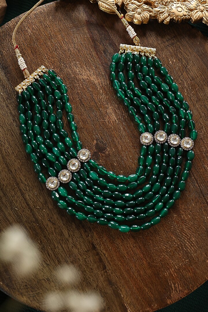 Gold Plated Kundan Polki & Deep Green Jade Stone Layered Necklace by Paisley Pop at Pernia's Pop Up Shop