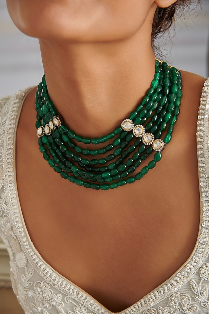 Gold Plated Kundan Polki & Deep Green Jade Stone Layered Necklace by Paisley Pop at Pernia's Pop Up Shop