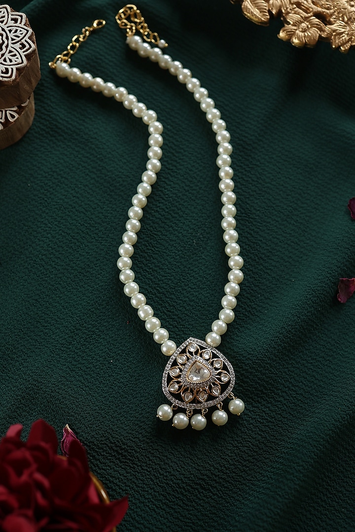 Gold Plated Kundan Polki & Pearl Floral Necklace by Paisley Pop at Pernia's Pop Up Shop