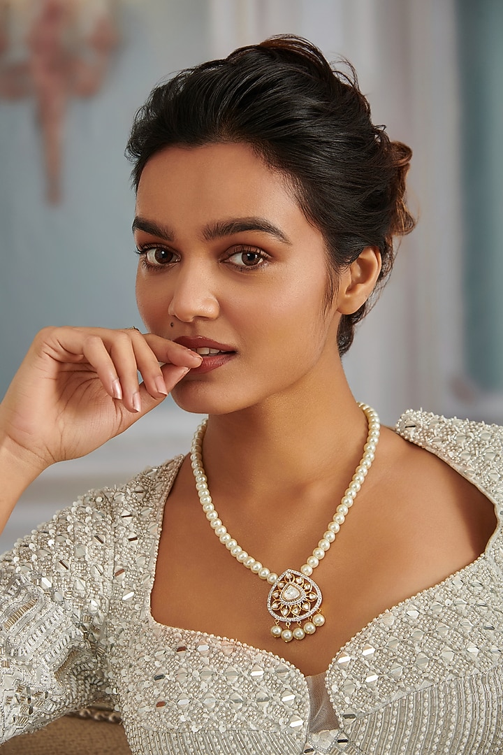 Gold Plated Kundan Polki & Pearl Floral Necklace by Paisley Pop at Pernia's Pop Up Shop