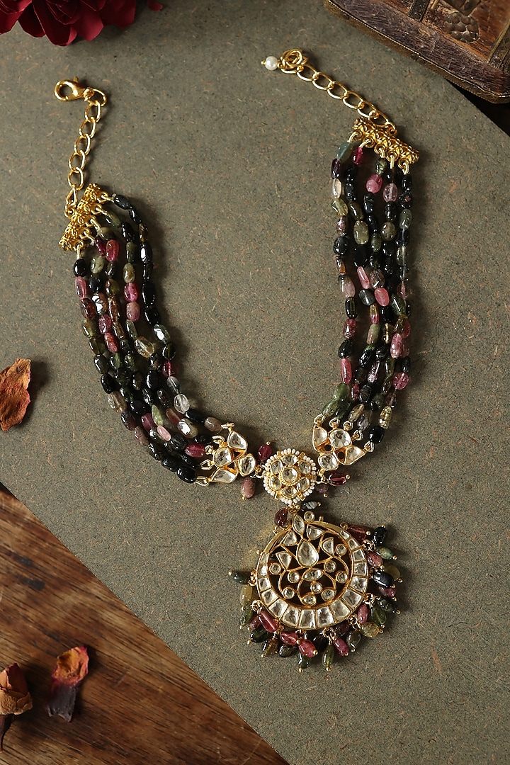 Gold Plated Kundan Polki & Multi-Colored Tourmaline Stone Pendant Necklace by Paisley Pop at Pernia's Pop Up Shop