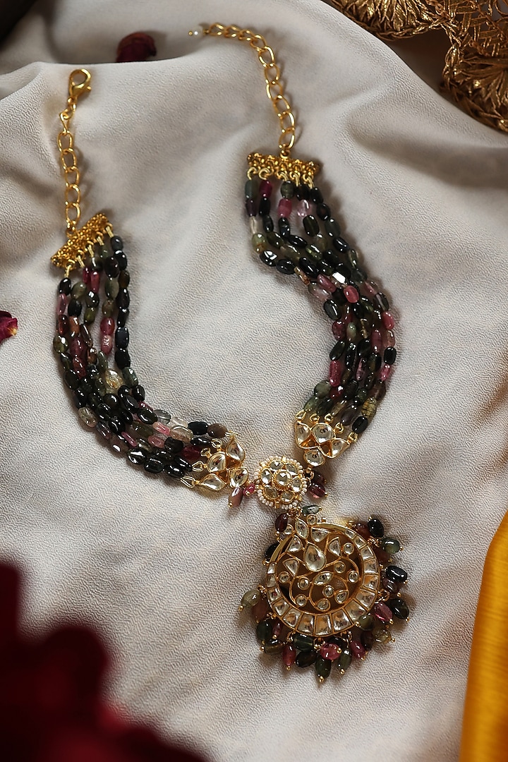 Gold Plated Kundan Polki & Multi-Colored Tourmaline Stone Pendant Necklace by Paisley Pop at Pernia's Pop Up Shop