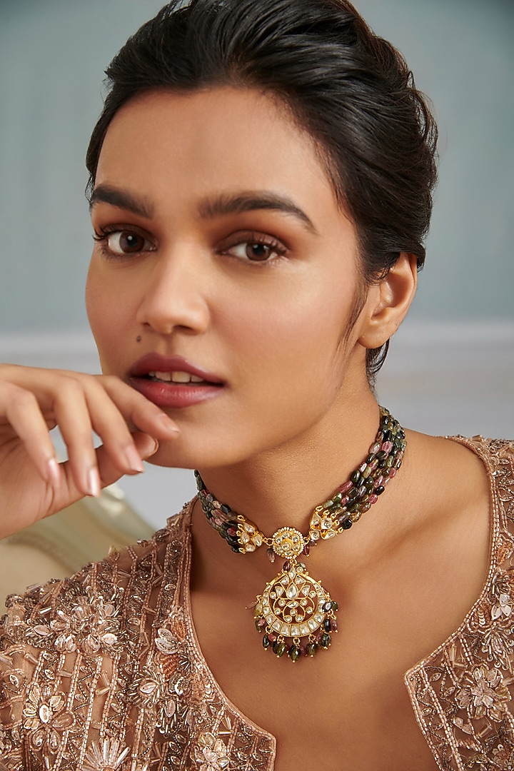 Gold Plated Kundan Polki & Multi-Colored Tourmaline Stone Pendant Necklace by Paisley Pop at Pernia's Pop Up Shop
