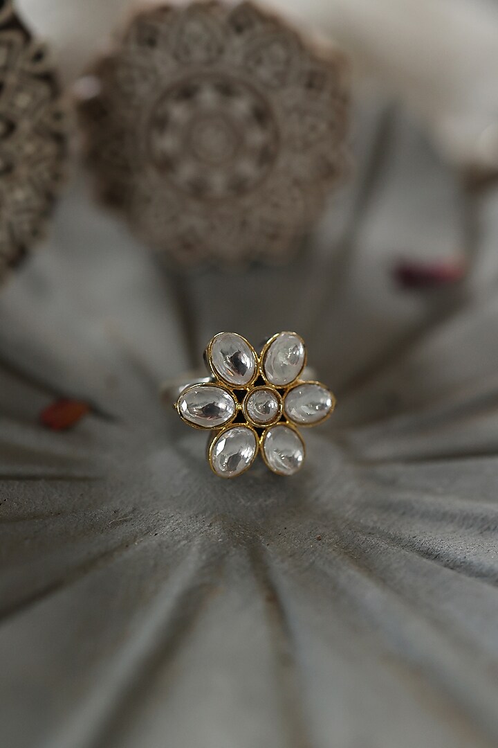Gold Plated Kundan Polki Adjustable Floral Ring by Paisley Pop at Pernia's Pop Up Shop