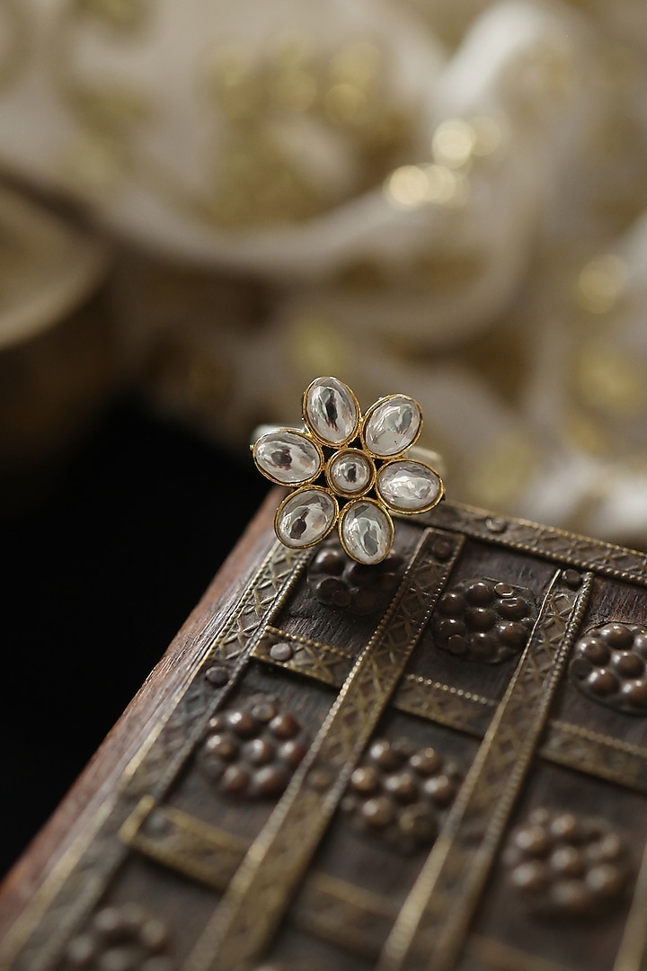 Gold Plated Kundan Polki Adjustable Floral Ring by Paisley Pop at Pernia's Pop Up Shop