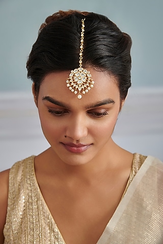Gold Plated Kundan Polki & Pearl Maangtikka by Paisley Pop