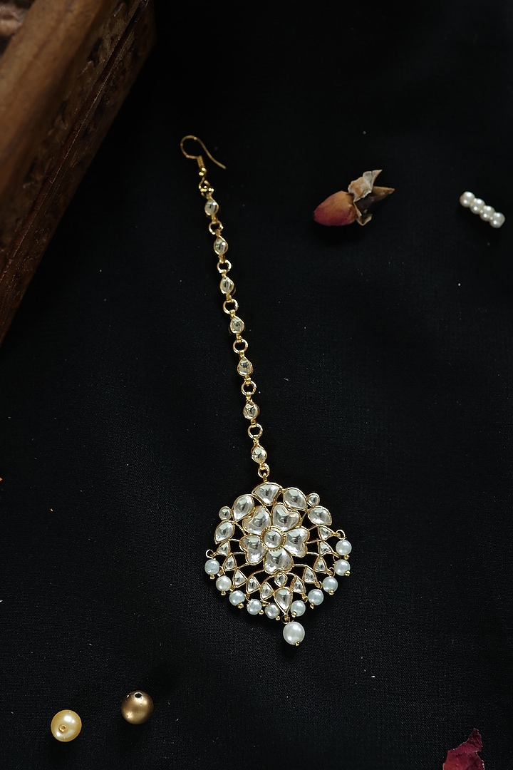 Gold Plated Kundan Polki & Pearl Maangtikka by Paisley Pop at Pernia's Pop Up Shop