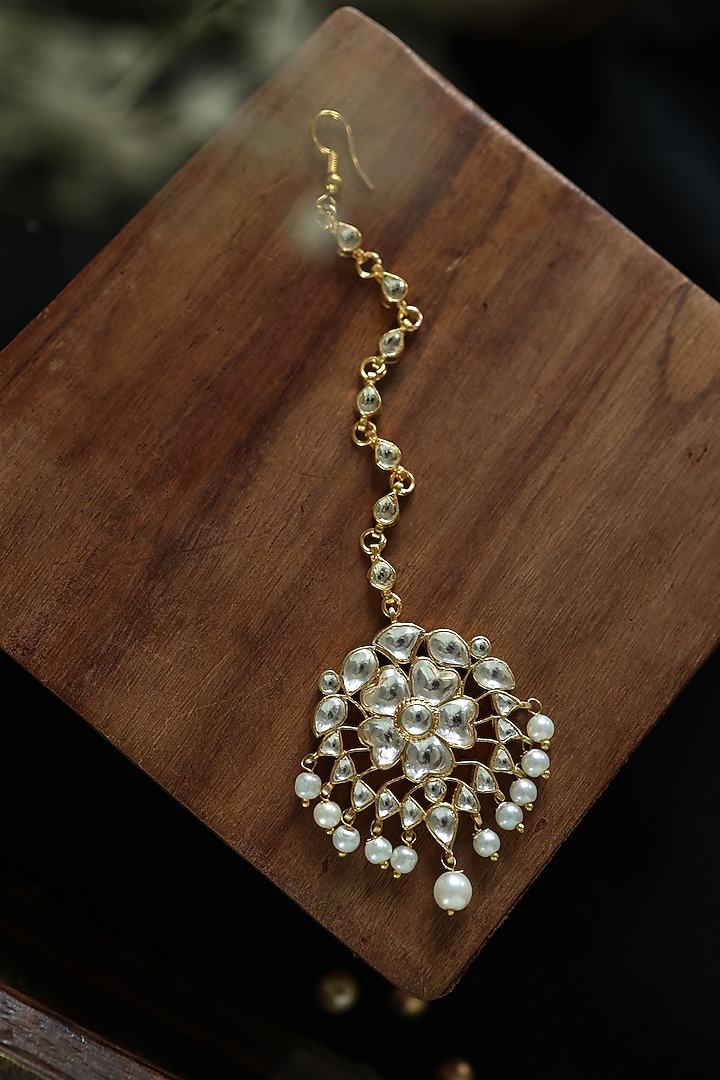 Gold Plated Kundan Polki & Pearl Maangtikka by Paisley Pop at Pernia's Pop Up Shop