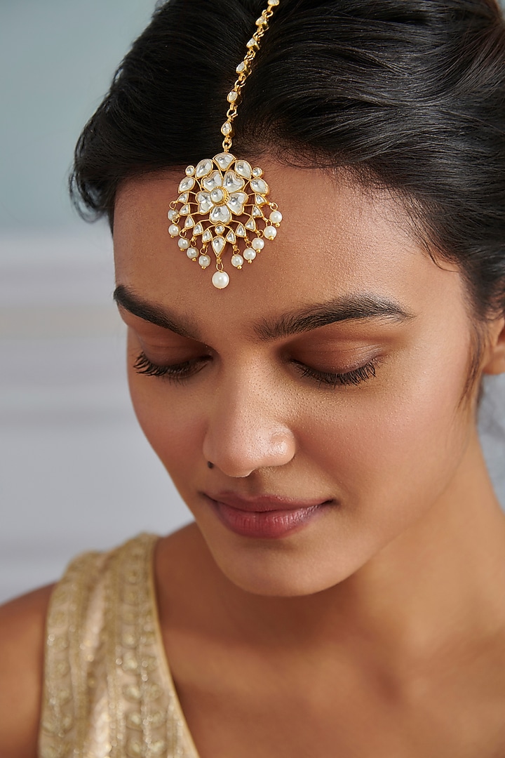 Gold Plated Kundan Polki & Pearl Maangtikka by Paisley Pop at Pernia's Pop Up Shop