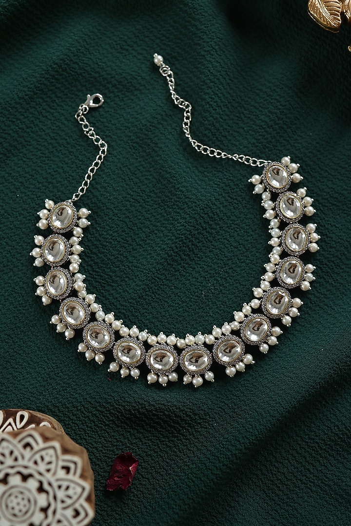 Black Rhodium Finish Kundan Polki & Cubic Zirconia Necklace by Paisley Pop at Pernia's Pop Up Shop