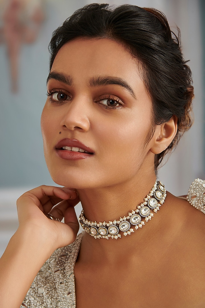 Black Rhodium Finish Kundan Polki & Cubic Zirconia Necklace by Paisley Pop at Pernia's Pop Up Shop