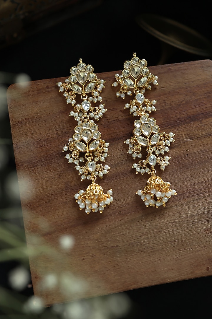 Gold Plated Kundan Polki & Pearl Dangler Earrings by Paisley Pop at Pernia's Pop Up Shop