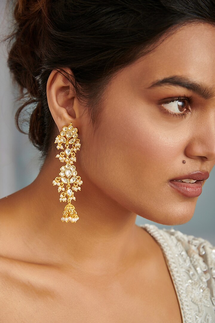 Gold Plated Kundan Polki & Pearl Dangler Earrings by Paisley Pop at Pernia's Pop Up Shop